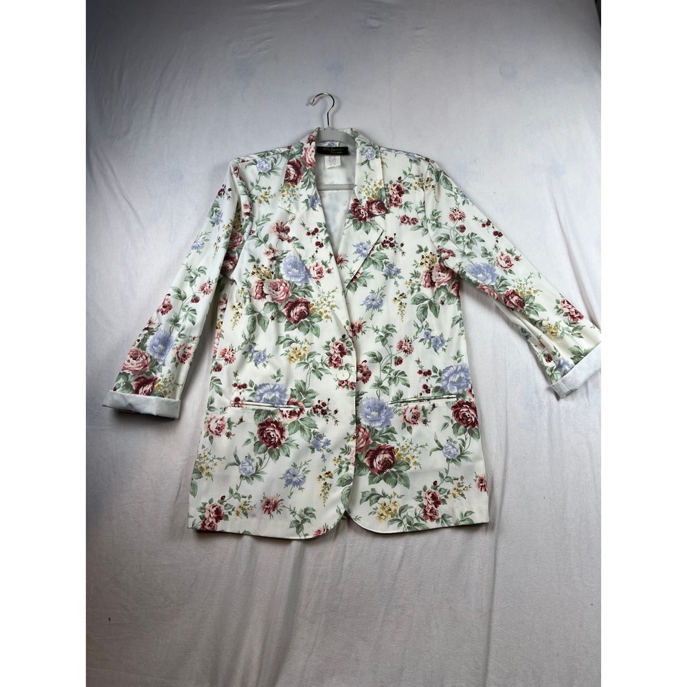 Toni Garment for CC Magic Vintage Floral Blazer Jacket White Rose Print Small